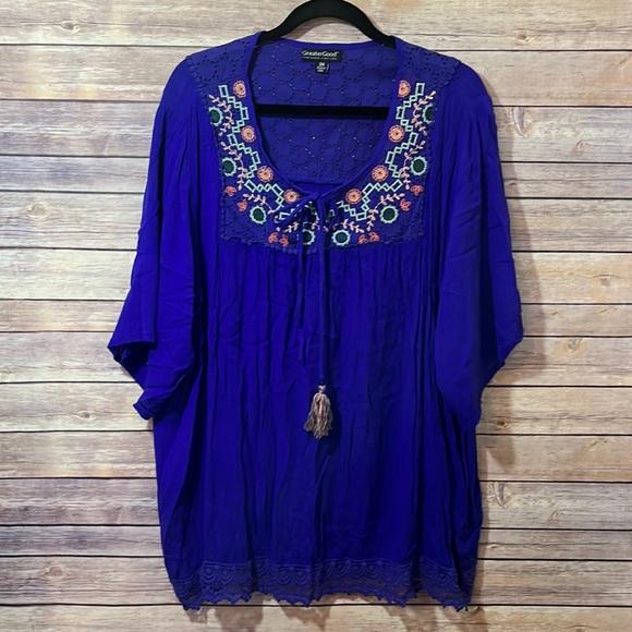 ⭐️ Greater Good Purple Blue Embroidered Top Size 3X Eyelet Boho Style A2 - Picture 1 of 8